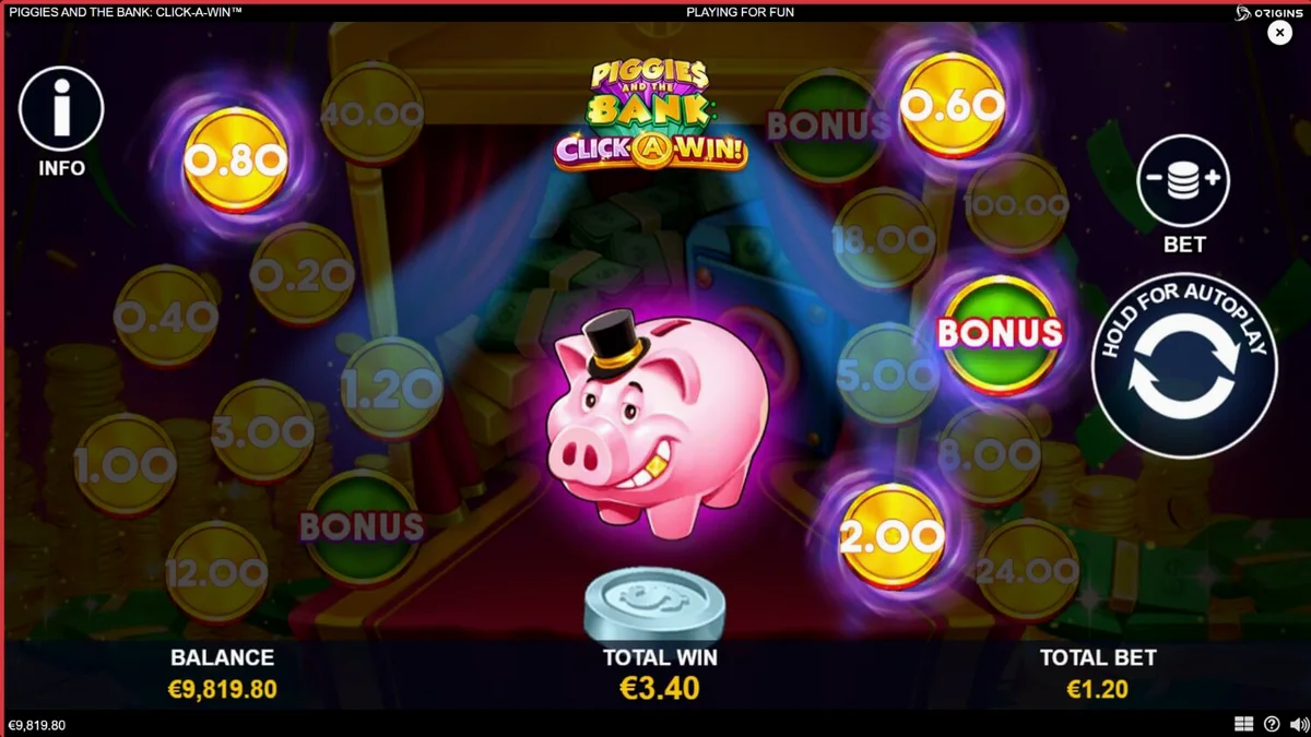 Piggies and the Bank: Click-A-Win سلاٹ گیم کا لوگو اور تھیم، جس میں ایک امیر پگ ٹاپ ہیٹ پہنے ہوئے ہے اور سونے کے سکے نظر آ رہے ہیں۔